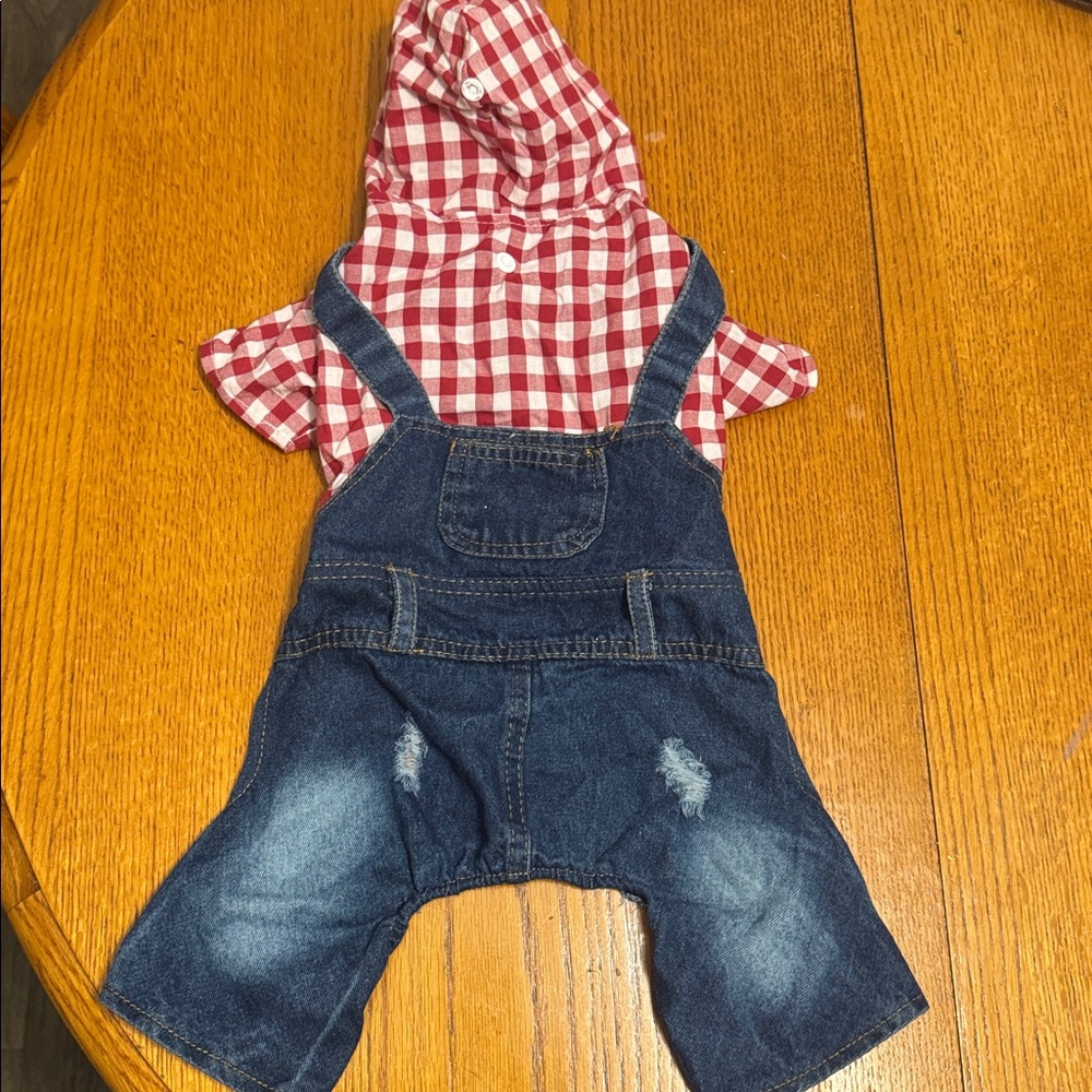 Red Checkered Pet Outfit with Denim Overalls